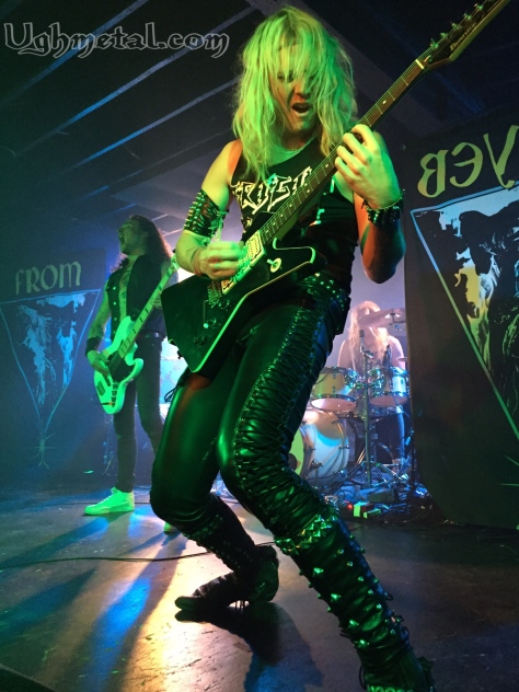 Vocalist/guitarist of Enforcer, Olof Wikstrand, showing off his riffs and all that leather while bassist Tobias Lindkvist let out a battle cry in approval.